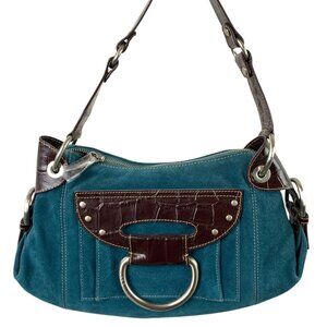 Maxx New York Belted Teal Blue Brushed Leather Steel Ring Handbag
